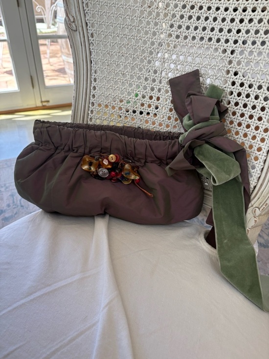 Hoss Intropia Handbags - Gathered Brown Clutch with Green Velvet Bow Accent